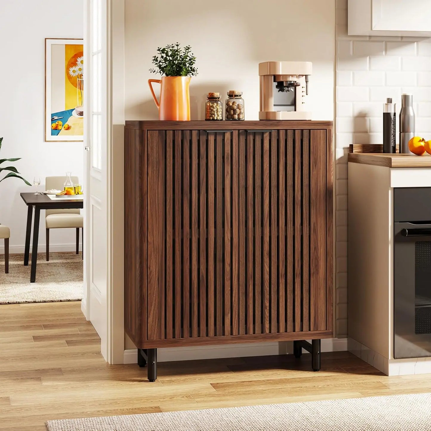 Six-Tier Wooden Bathroom Floor Cabinet With Louver Doors