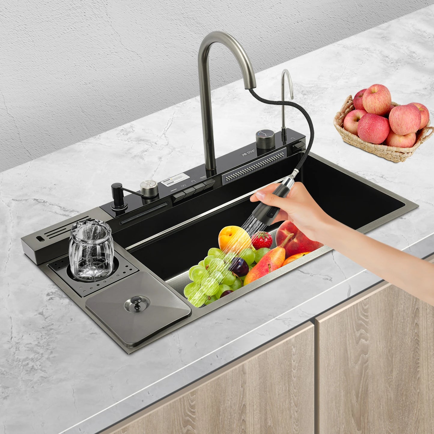 304 Stainless Steel Kitchen Sink Set With Digital Display Faucet