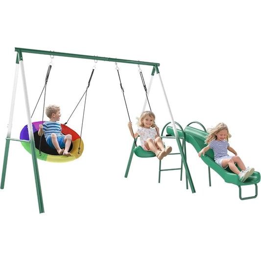 Backyard Swing Set With Saucer Swing And Sturdy Metal Frame