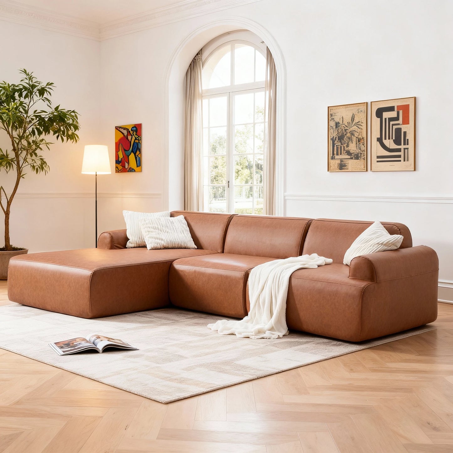 L-Shaped Modular Leather Sofa for Large Spaces Featuring Deep Seats