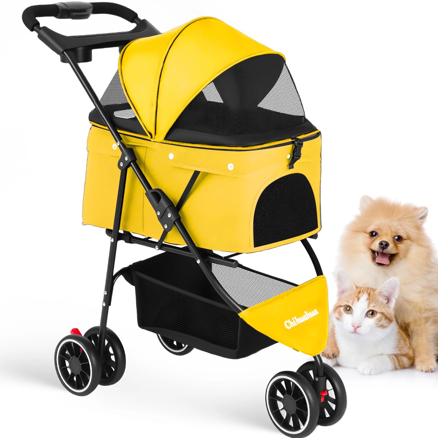 Chihuahua Pet Stroller 3 Wheel Foldable Carrier With Mesh Canopy