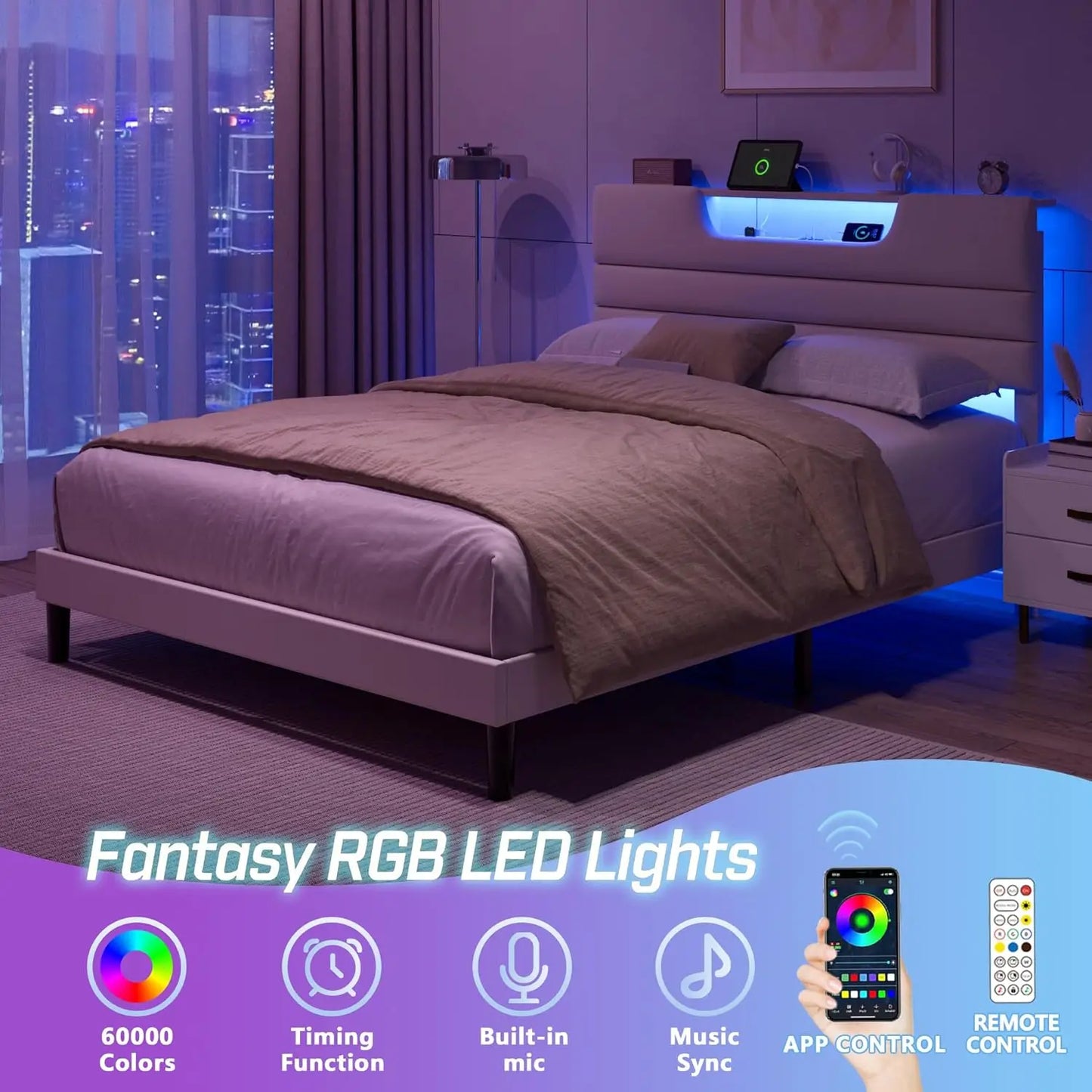 Modern Upholstered Platform Bed With Headboard Charging Station And LED