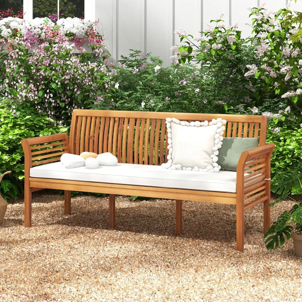 Acacia Wood Patio Bench 3 Seat With Cushion