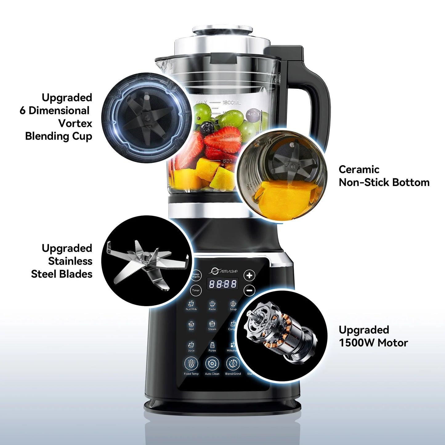 Astralship ASH01-B 1500W Countertop Blender with 14 Presets