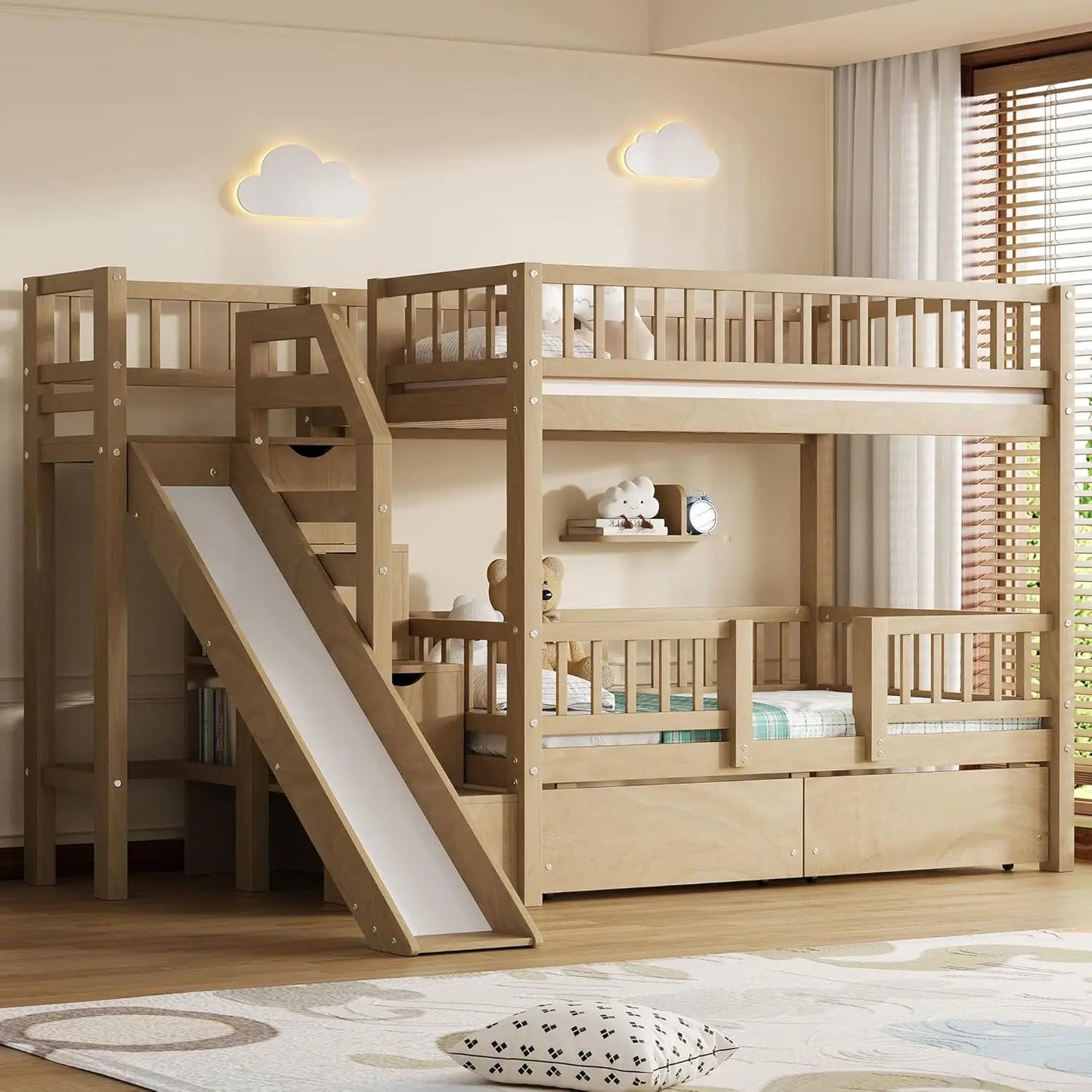 Twin Over Twin Bunk Bed With Slide And Storage Drawers