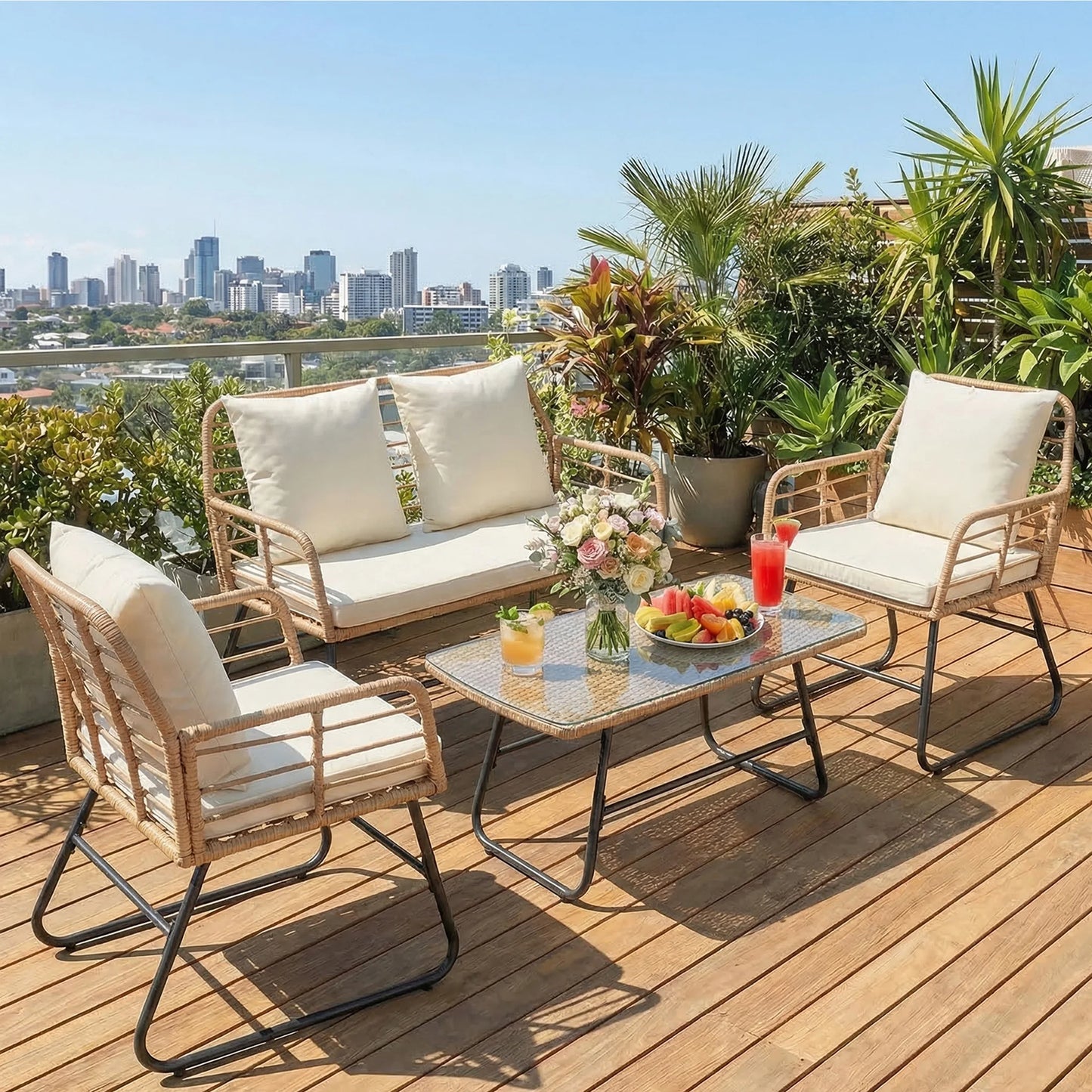 JHK Outdoor Wicker Patio Furniture Set Four Piece Glass Table