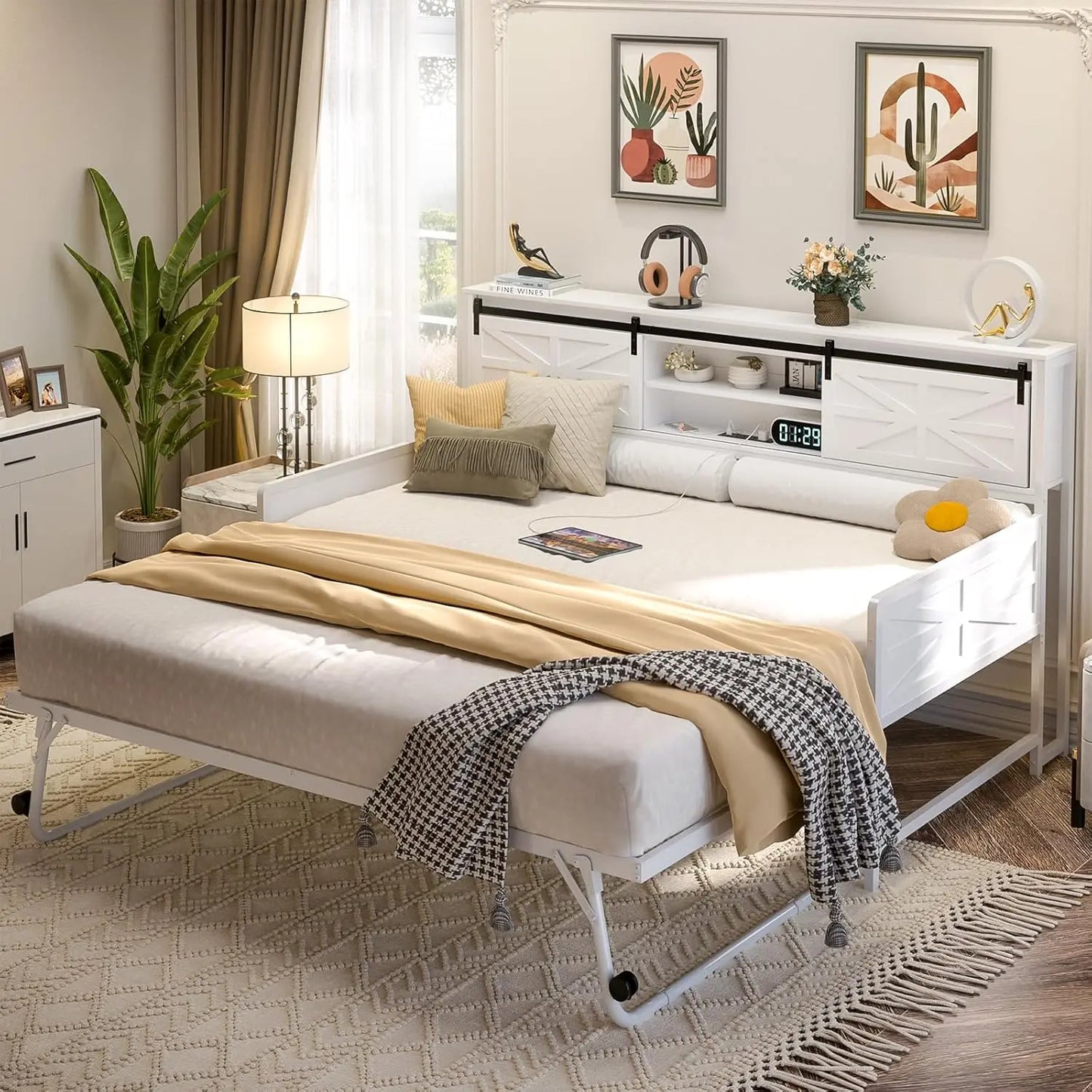 BIANXIANG Farmhouse Daybed With Pop Up Trundle And Bookcase Headboard