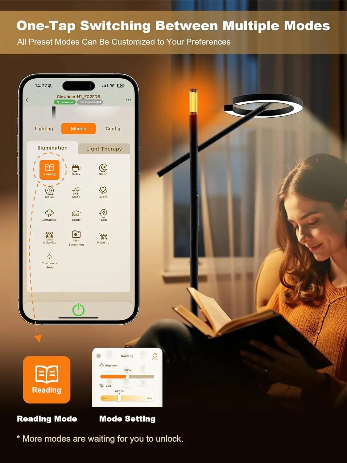 Smart Light Therapy Lamp, 10000 Lux UV-Free Sunlight, Dimmable Floor Lamp with App & Remote, Timer for Cozy Relaxation