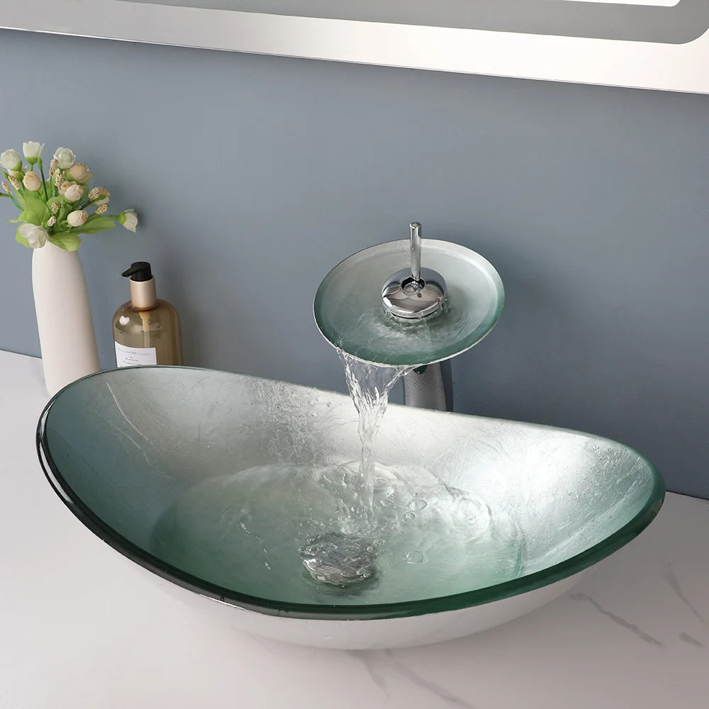KEMAIDI Tempered Glass Bathroom Sink With Waterfall Faucet Countertop Basin
