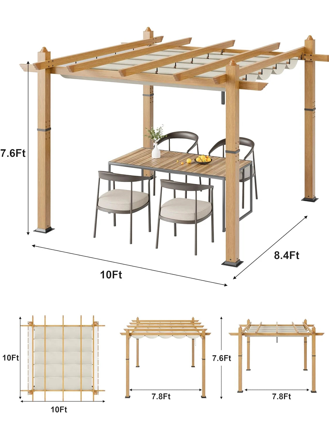 HiMISS Outdoor Pergola With Retractable Canopy And Faux Wood