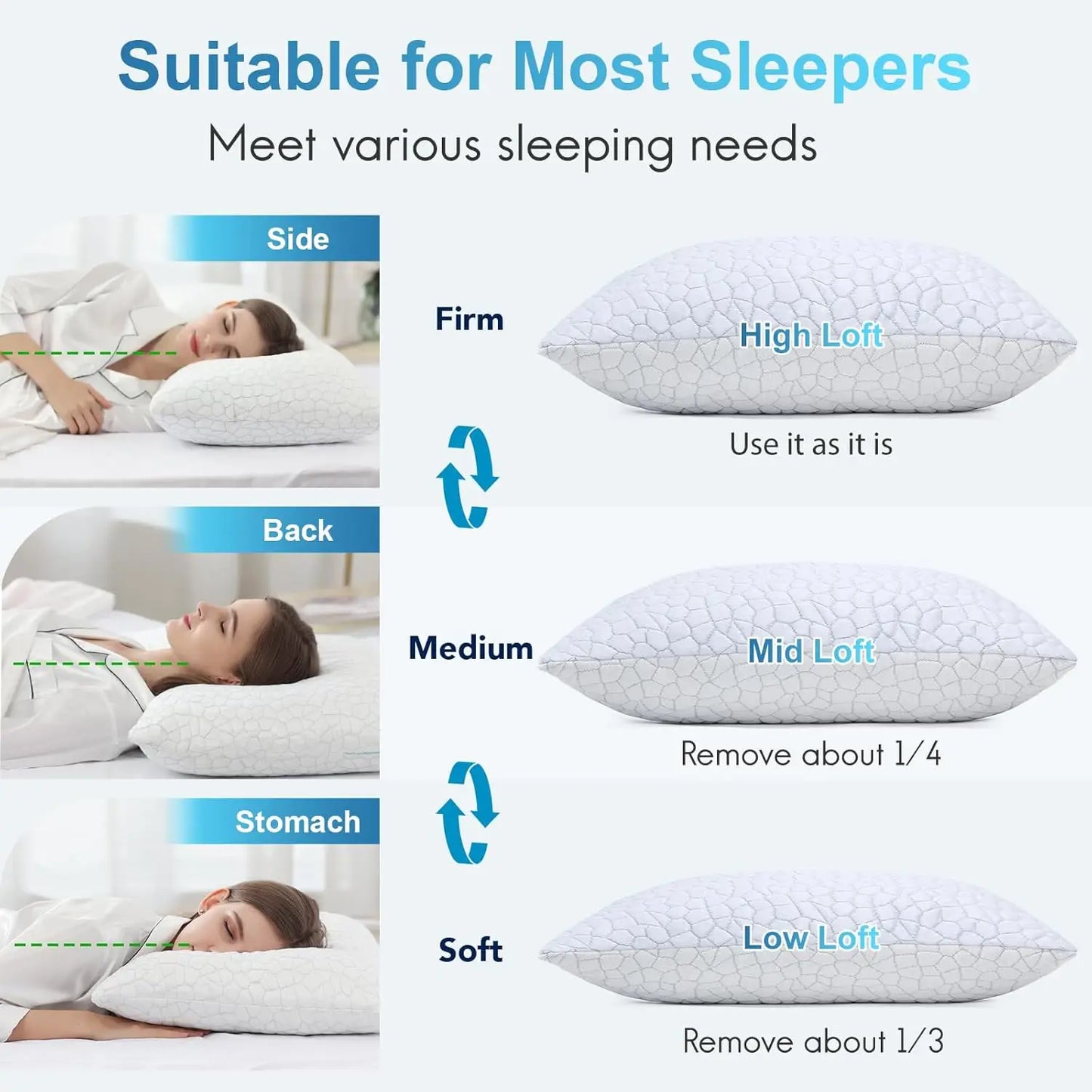 Cooling Memory Foam Pillow 2-Pack With Adjustable Firmness Breathable Cover