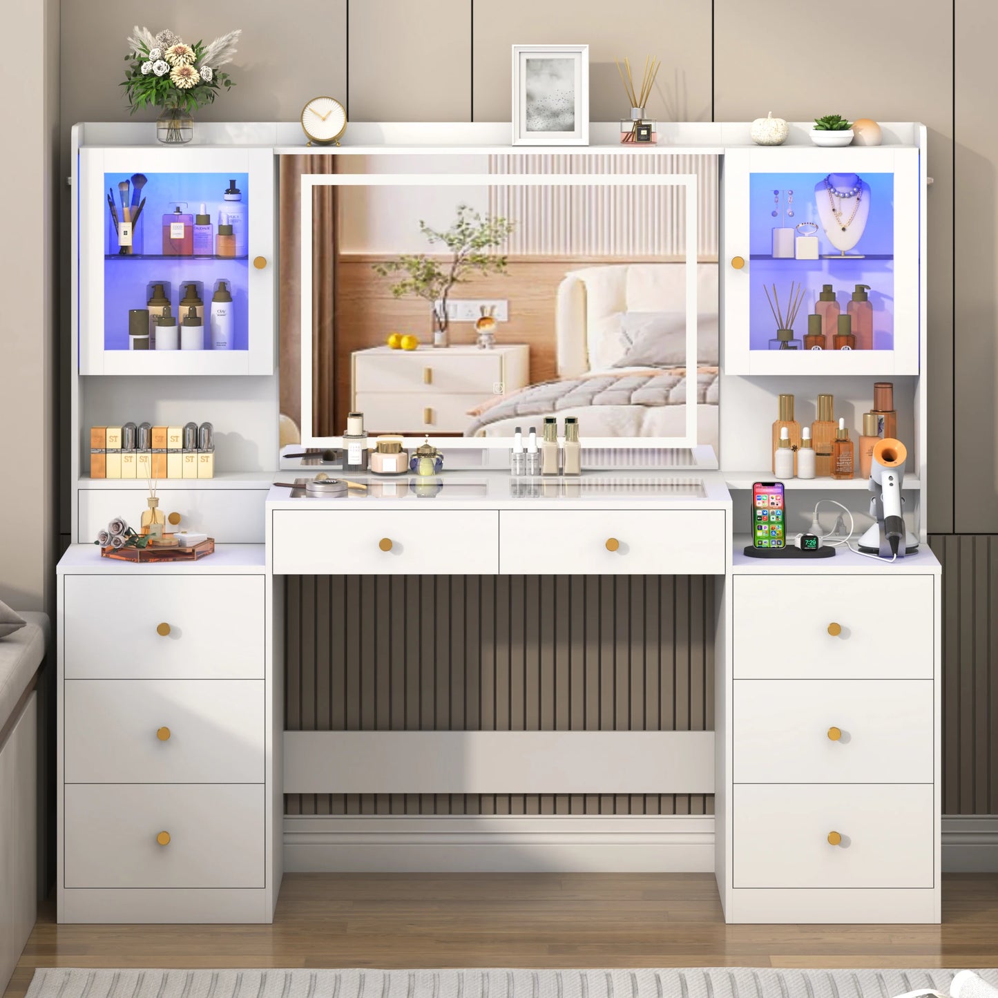 QiaoShiRen Vanity Desk With Mirror, Lights, And Charging Station
