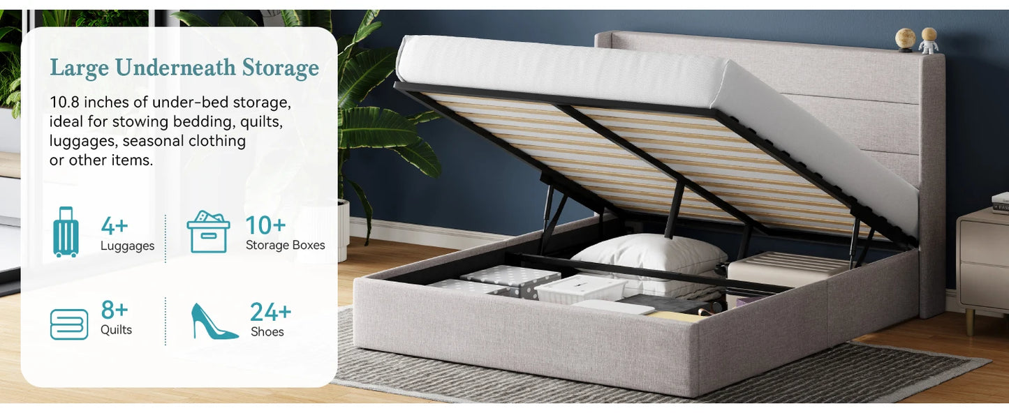 HOOMIC Lift Up Storage Bed With Wingback Headboard