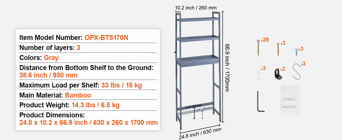 SucceBuy Over The Toilet Organizer Bamboo Shelf With 3 Hooks