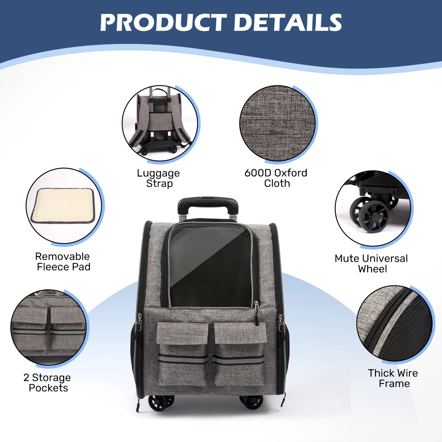 Rolling Pet Carrier Backpack With Removable Wheels