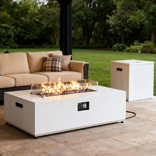 42" Propane Fire Pit Table Set with Tank Holder, Rectangle 2-Piece Outdoor Firepit Wind Guard, Lid, Glass Stones and Cover