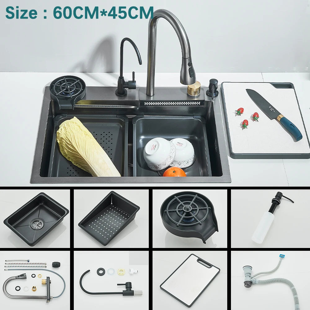 Multifunctional Kitchen Waterfall Sink With Digital Display 304 Stainless Steel