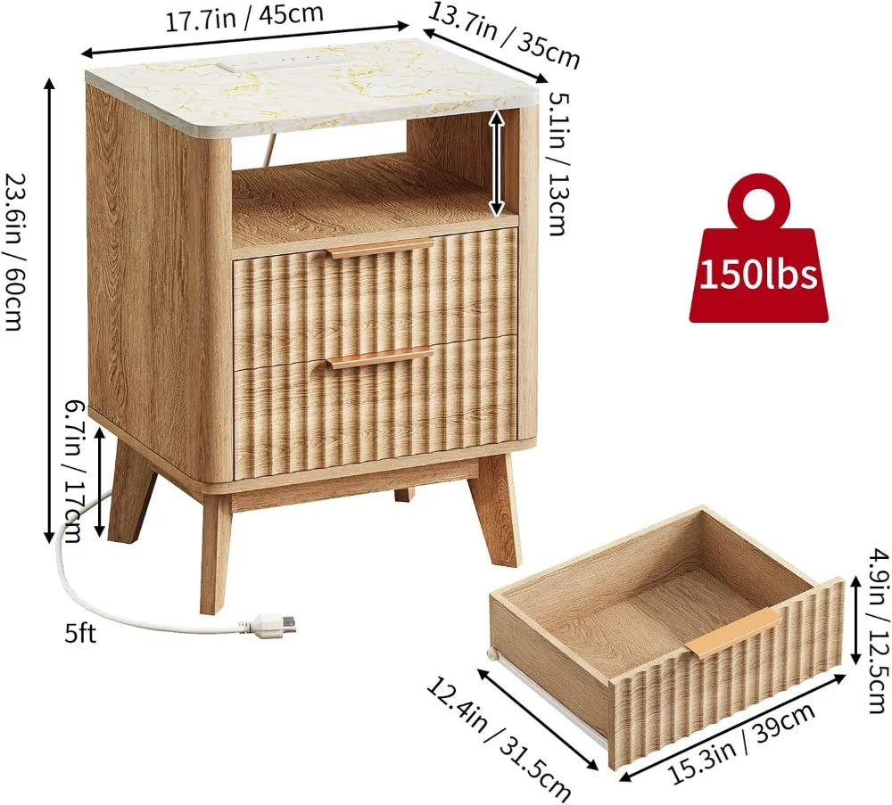 Fluted Nightstand With Charging Station Faux Marble Top Bedside Table