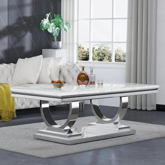 Modern Faux Marble Coffee Table With Silver Mirrored Finish