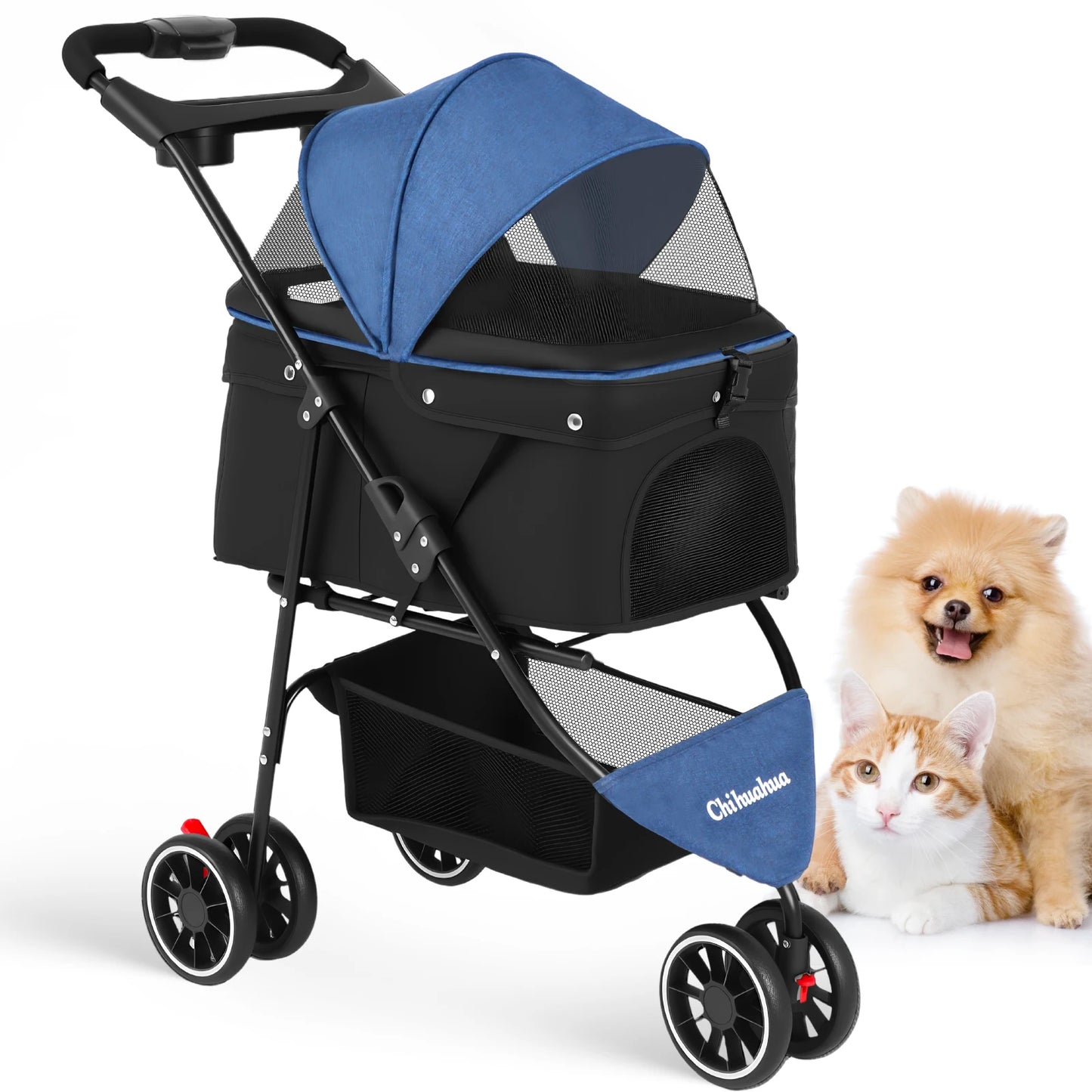 Chihuahua Pet Stroller 3 Wheel Foldable Carrier With Mesh Canopy