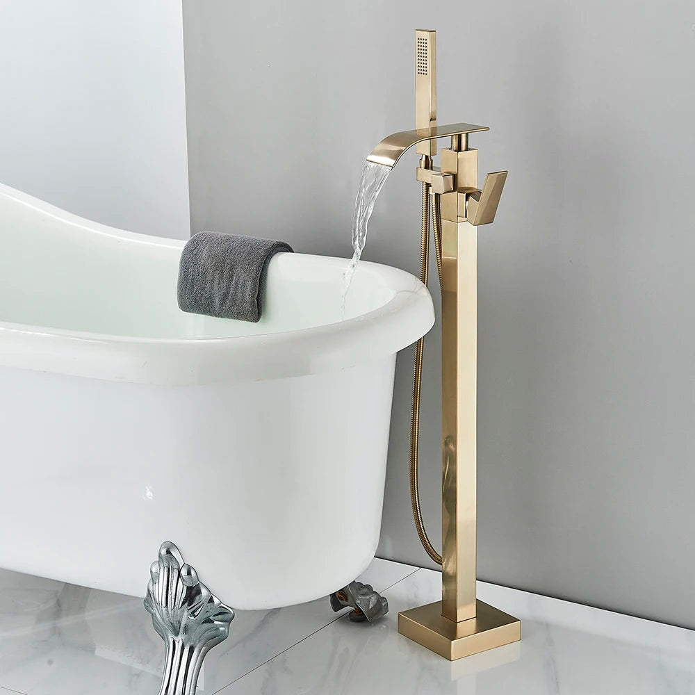 Poqihy Chrome Floor Mounted Bathtub Shower Faucet Waterfall Spout