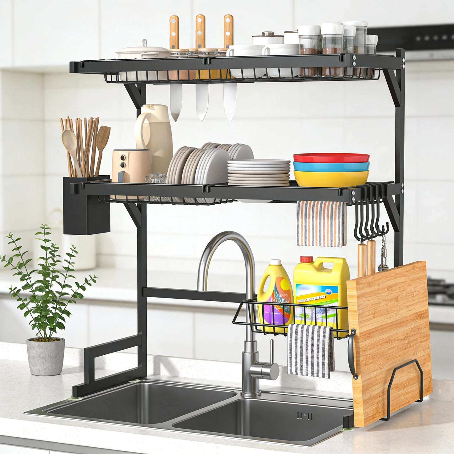 Sink-Mounted Multi-Tier Dish Drainer with Utensil Slots