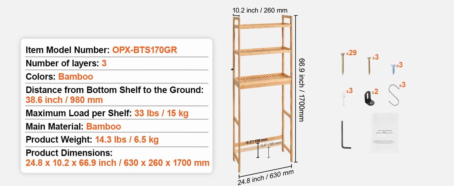 SucceBuy Over The Toilet Organizer Bamboo Shelf With 3 Hooks