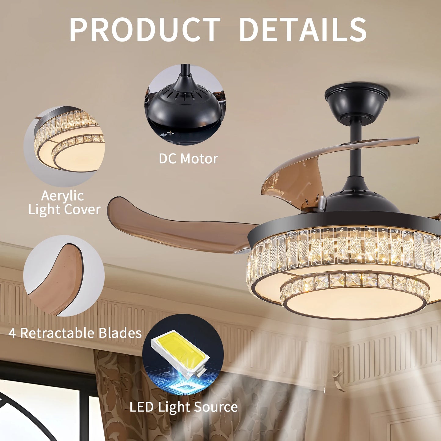 ARLGSITE Luxurious Crystal Ceiling Fan Light Remote Control