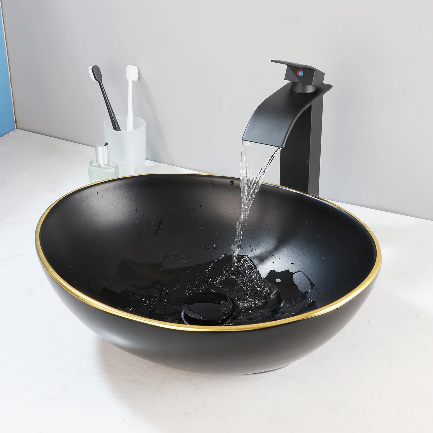 KEMAIDI Oval Vessel Sink With Faucet Marble Finish