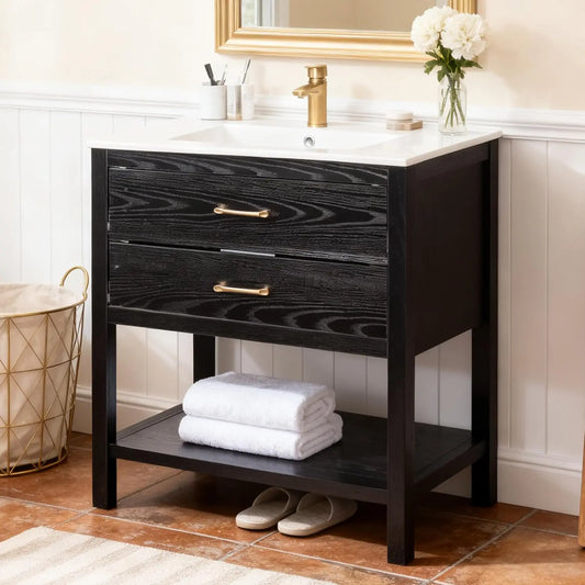Oak Farmhouse Bathroom Vanity Set All In One Ceramic Sink