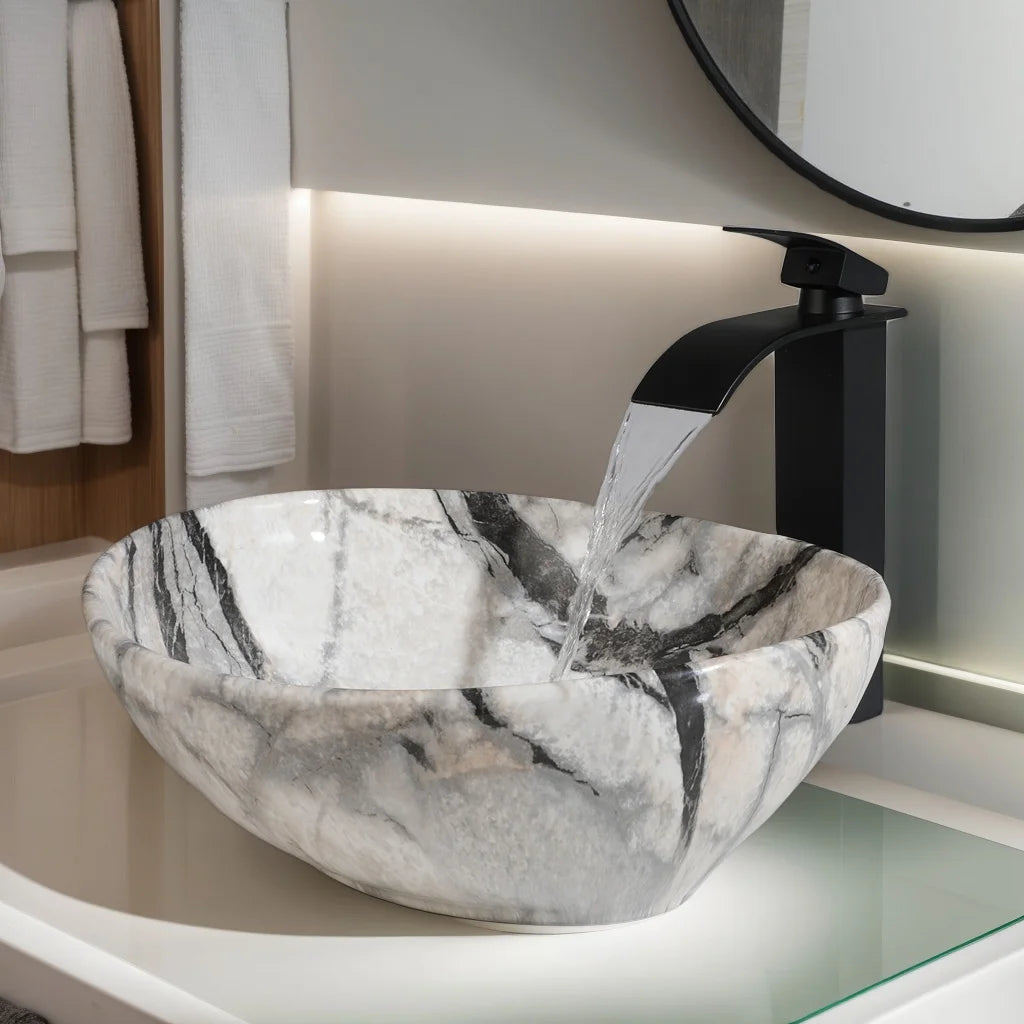 Torayvino Ceramic Vessel Sink Set With Marble Pattern Faucet