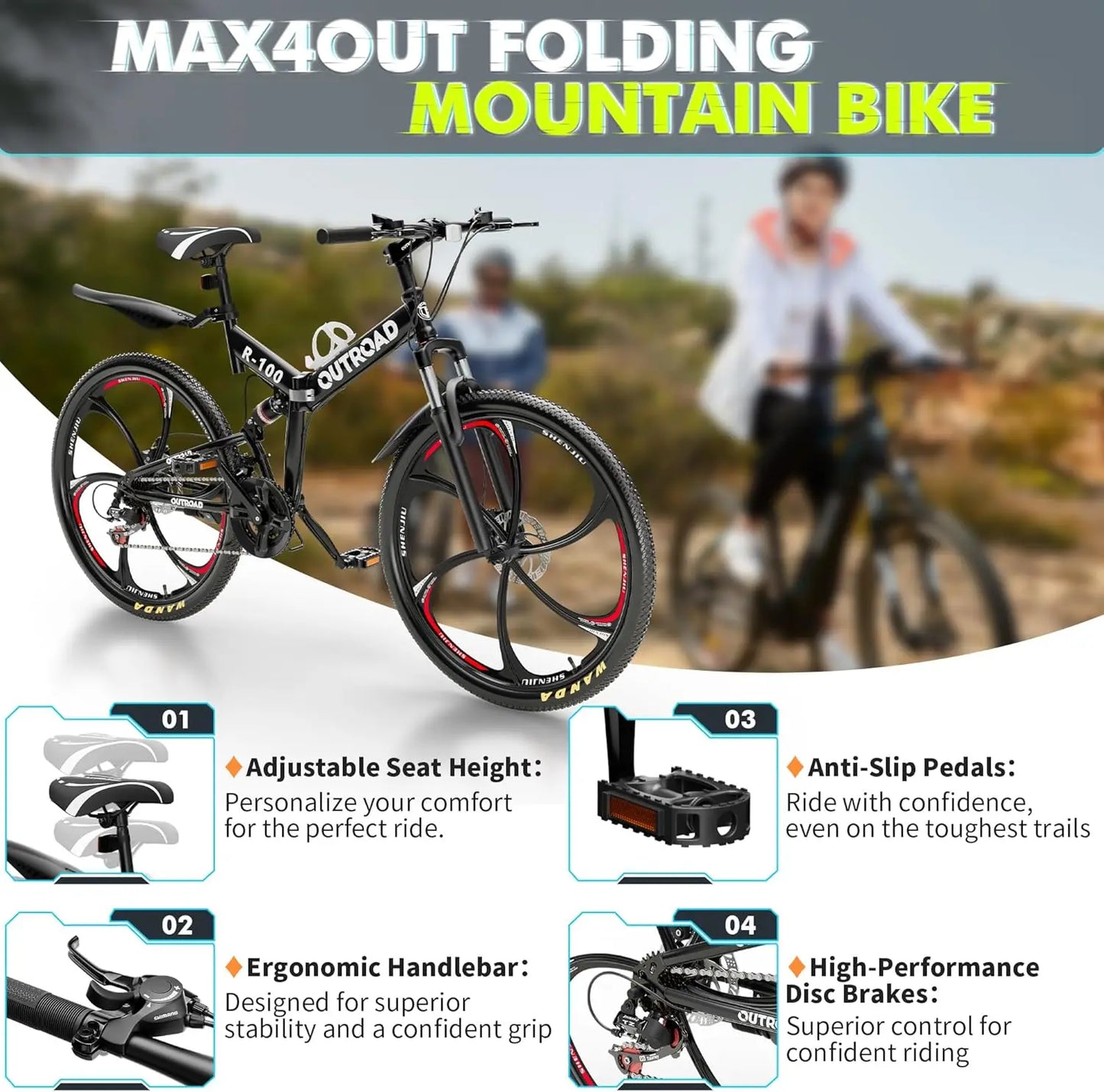 Folding Mountain Bike 21 Speed Drivetrain Dual Suspension And Disc Brakes