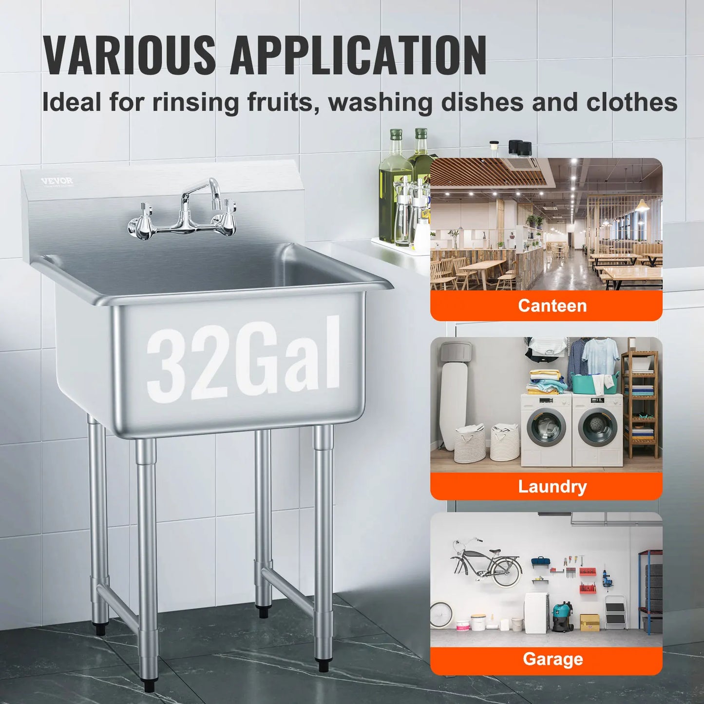 SucceBuy Stainless Steel Kitchen Prep And Utility Sink Single Bowl