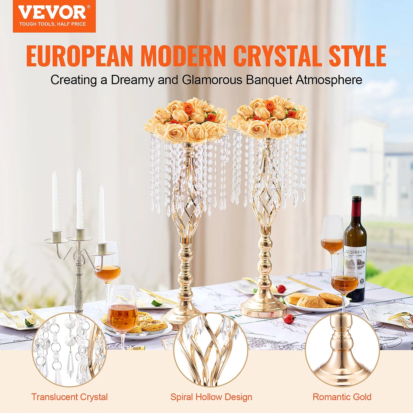 NONECN Tall Crystal Wedding Flower Stand Metal Centerpiece Vase