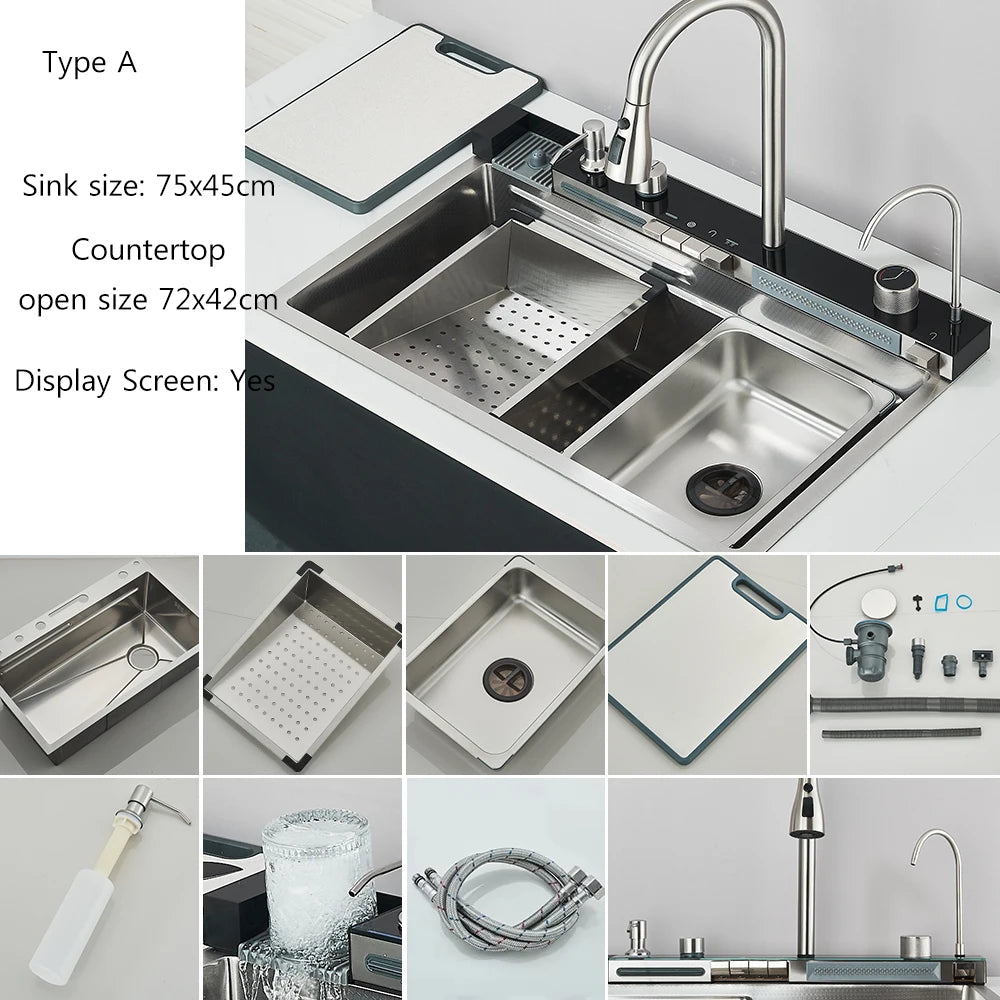 MYQualife 304 Stainless Steel Waterfall Kitchen Sink Faucet Set