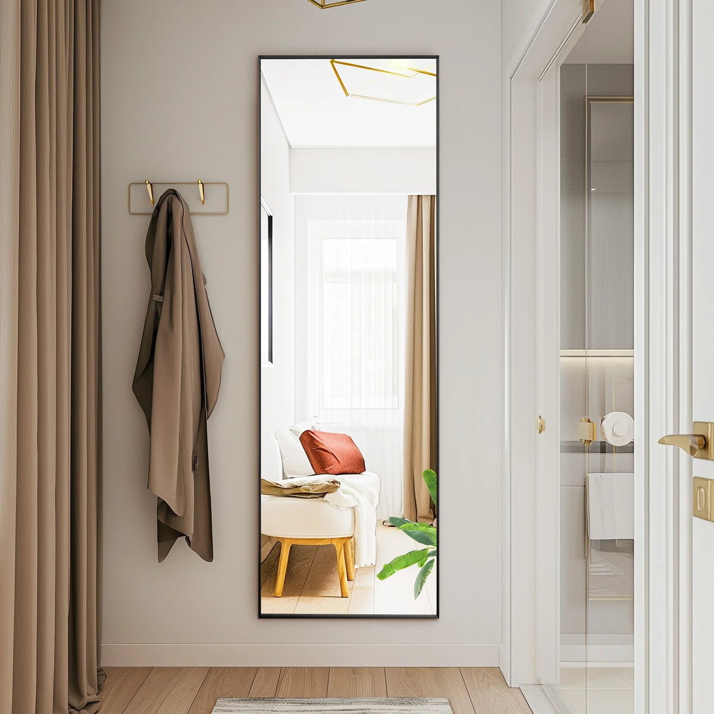JHK Full Body Wall Mirror With Stand And Aluminum Frame Living Room