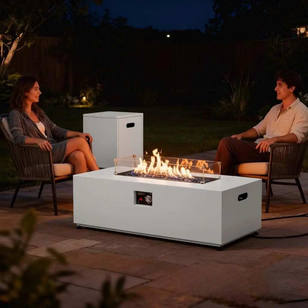 42" Propane Fire Pit Table Set with Tank Holder, Rectangle 2-Piece Outdoor Firepit Wind Guard, Lid, Glass Stones and Cover