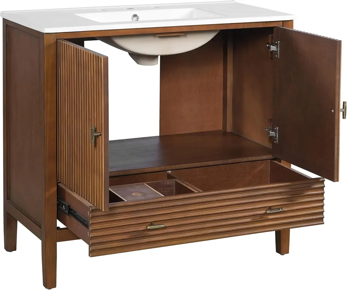 Mid-Century Walnut Bathroom Vanity With Ceramic Sink And Soft-Close