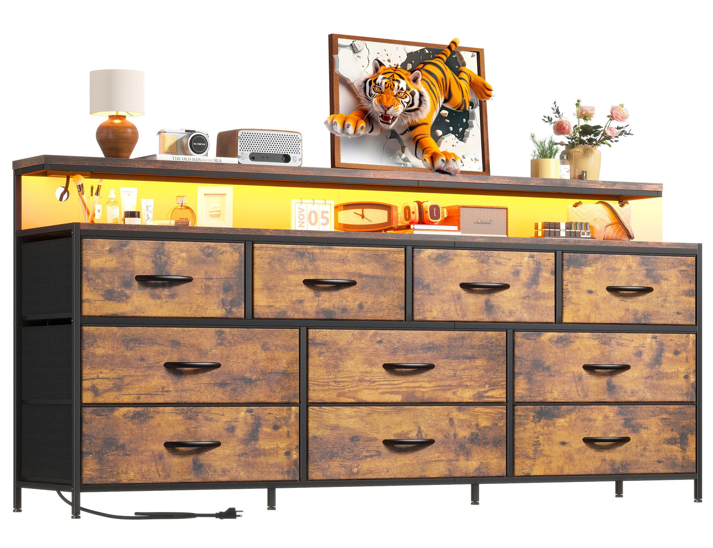 Smart Dresser With LED Lights, Power Outlets, Metal Frame, Fabric-Drawers