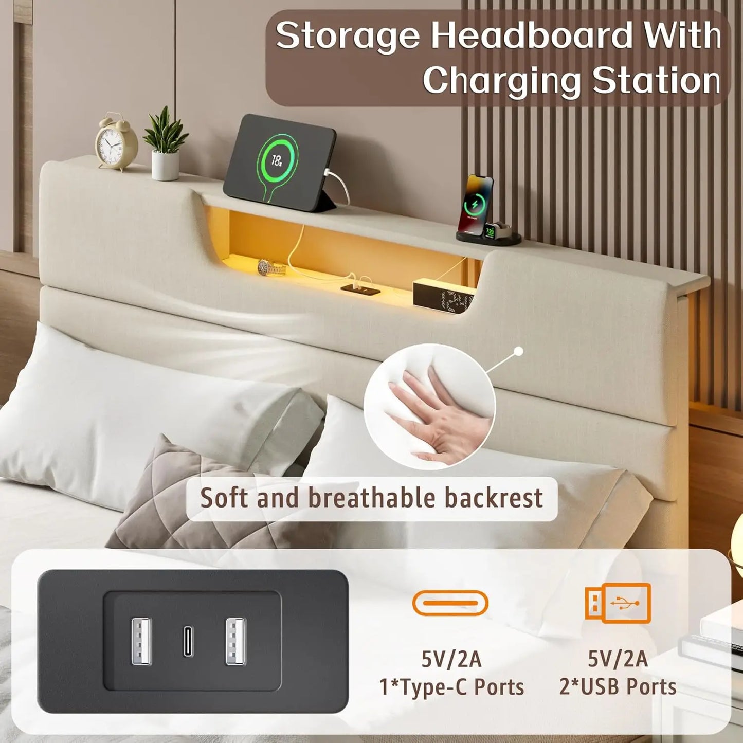 Modern Upholstered Platform Bed With Headboard Charging Station And LED