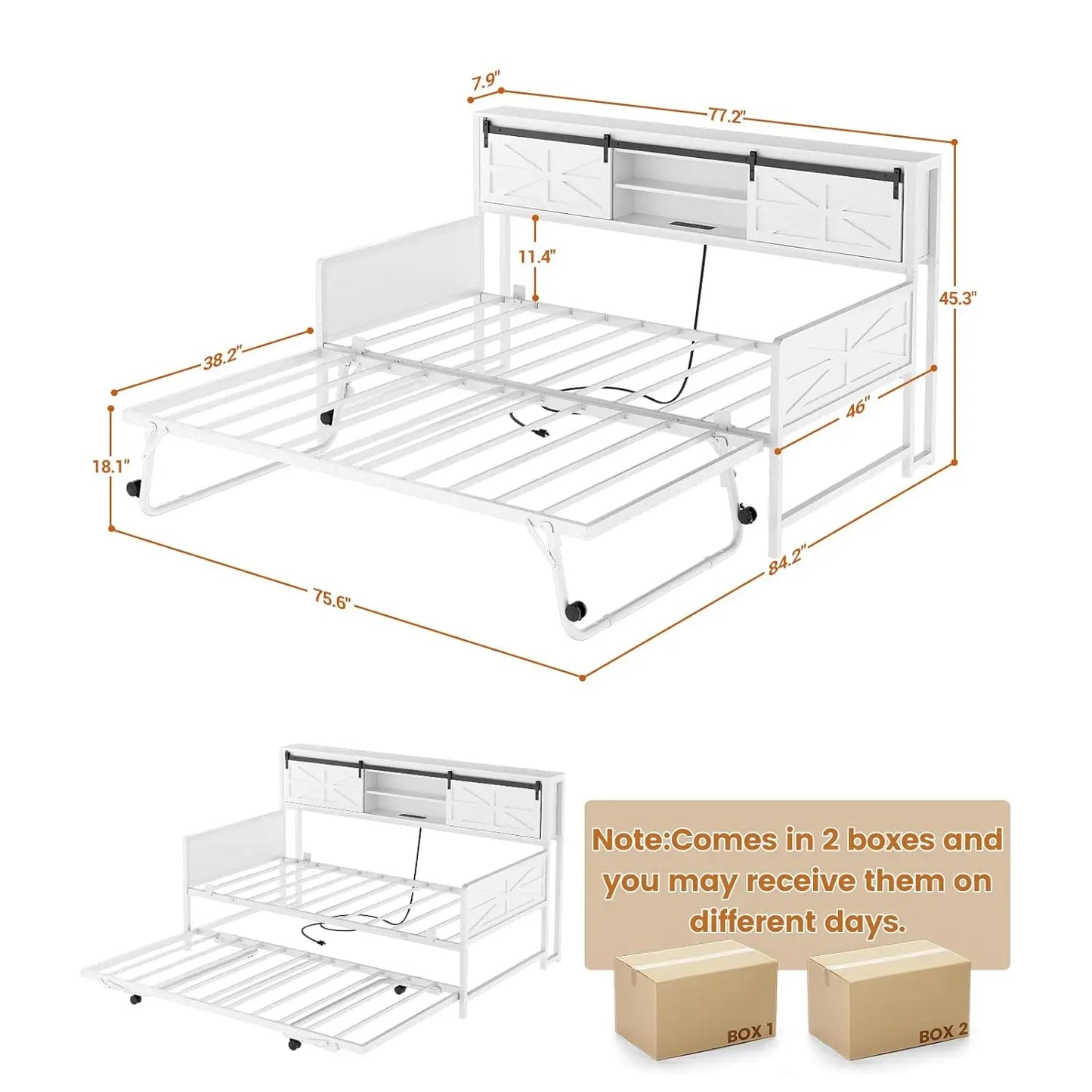 BIANXIANG Farmhouse Daybed With Pop Up Trundle And Bookcase Headboard