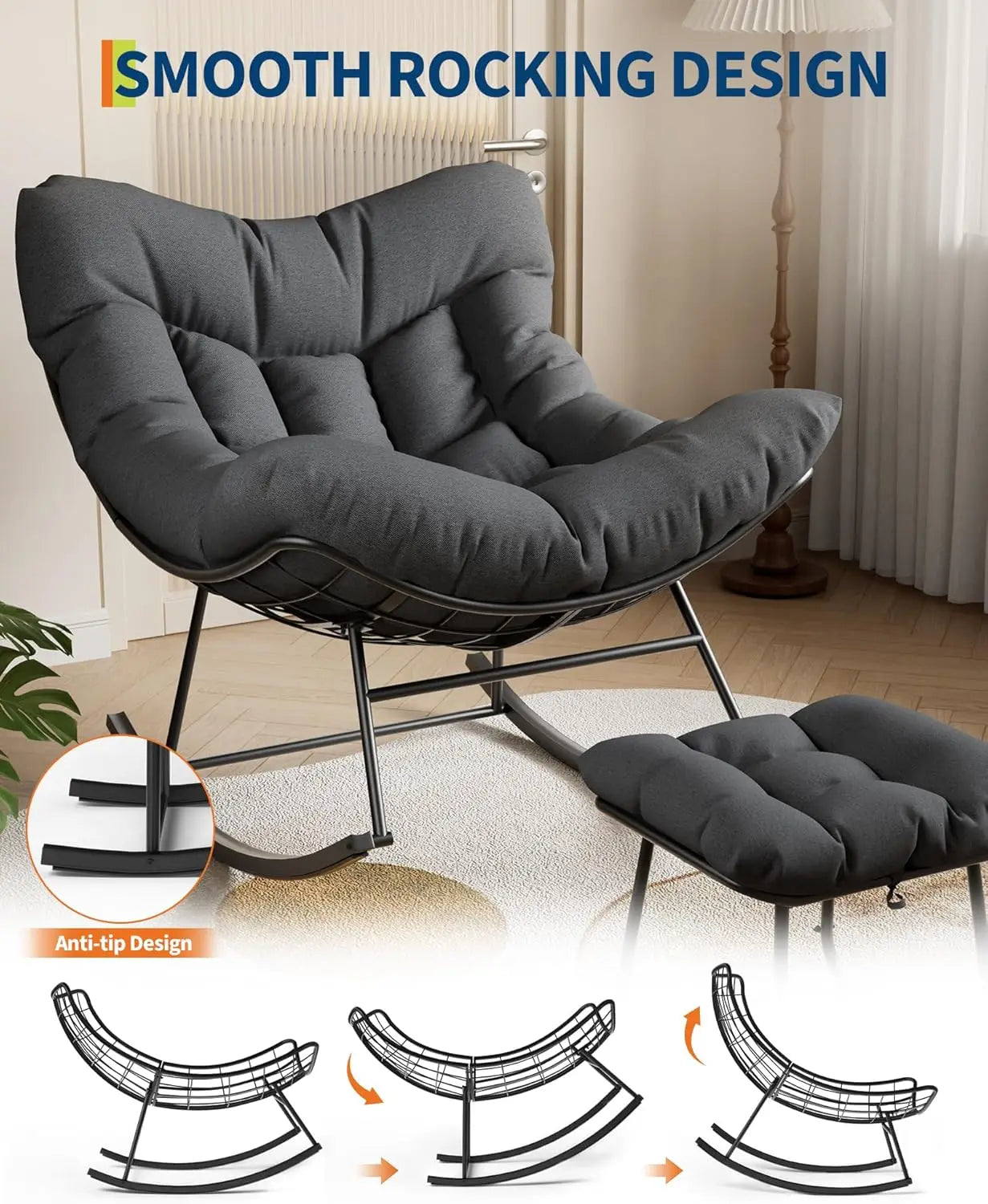 TWISTER.CK Outdoor Papasan Rocking Chair With Footrest