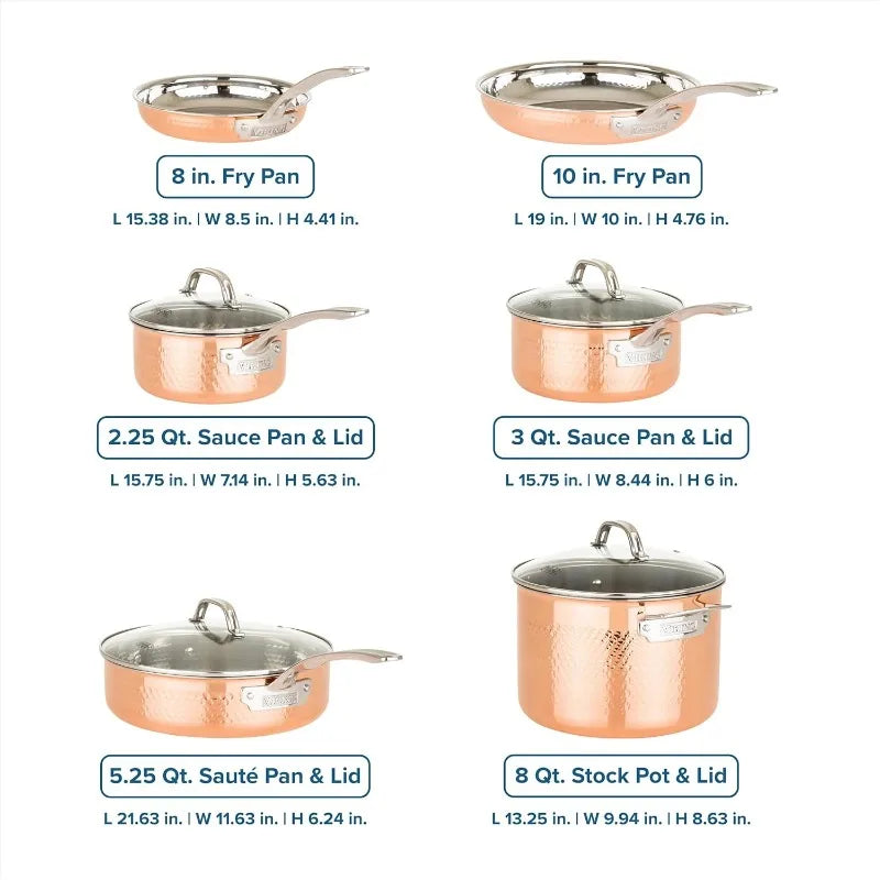 3-Ply Hammered Copper Cookware Set With Glass Lids