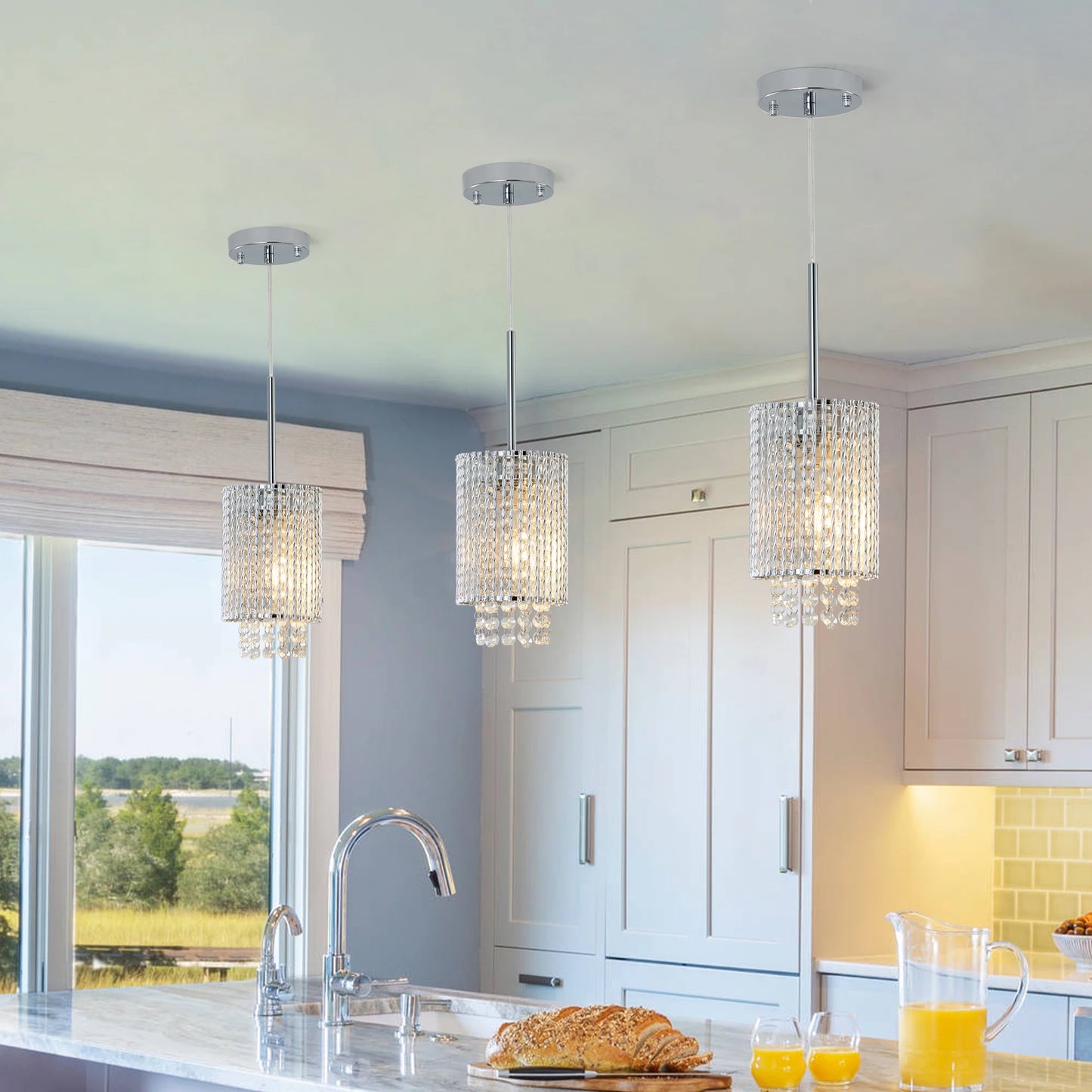 ARLGSITEC Luxury Modern Crystal Pendant Lights 3 Pack Chrome Ceiling Fixture