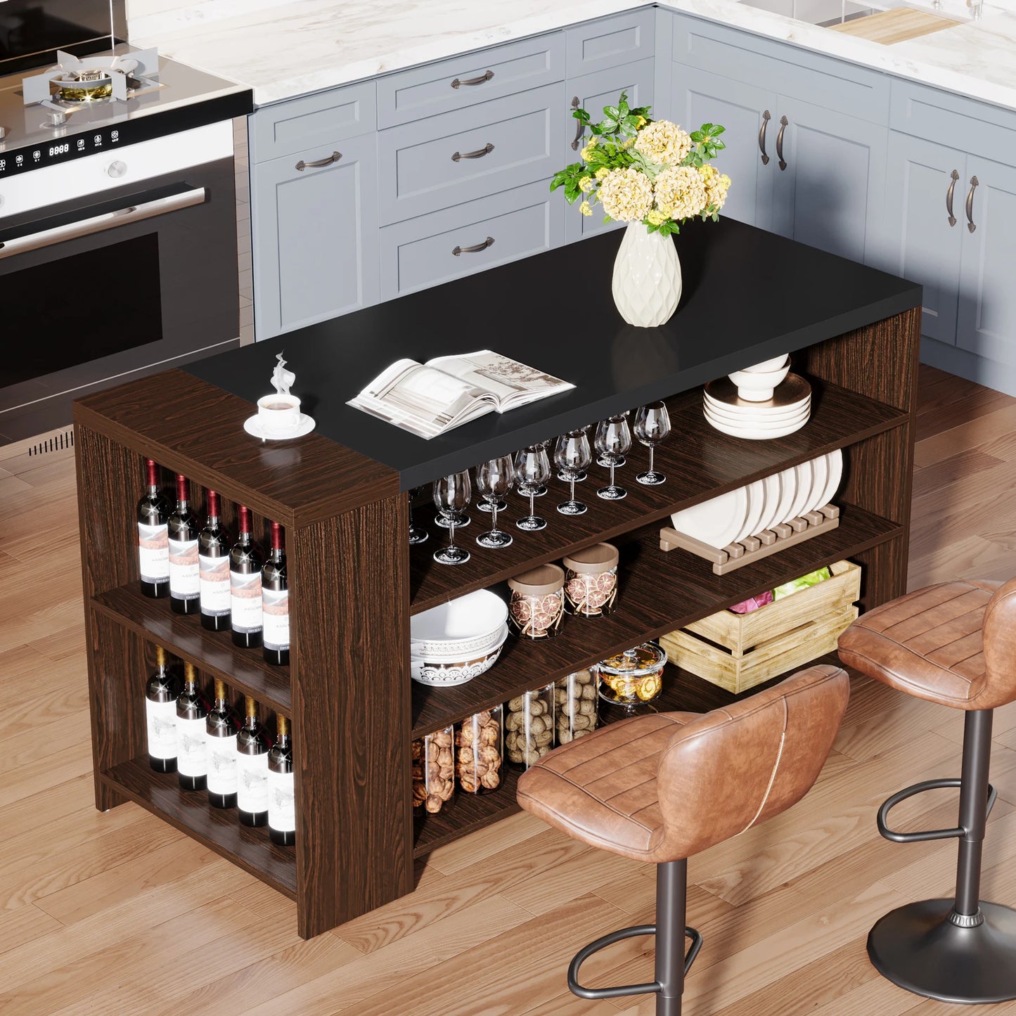 Tribesigns Farmhouse Kitchen Island With Storage Five Shelves