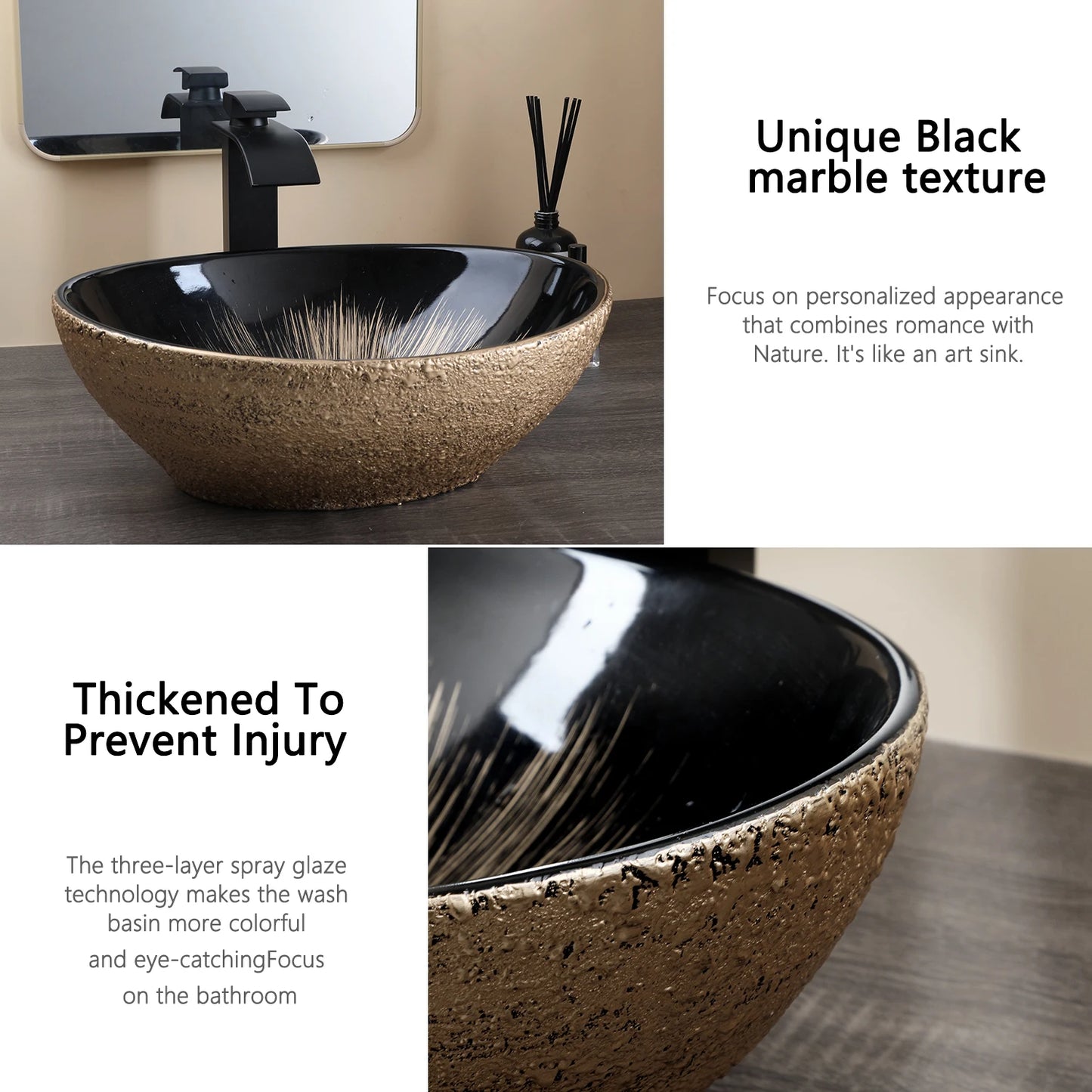 KEMAIDI Oval Vessel Sink With Faucet Marble Finish