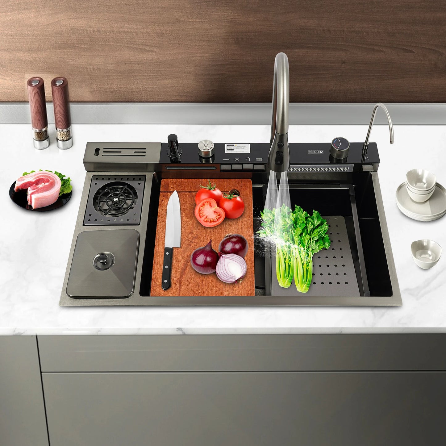 304 Stainless Steel Kitchen Sink Set With Digital Display Faucet