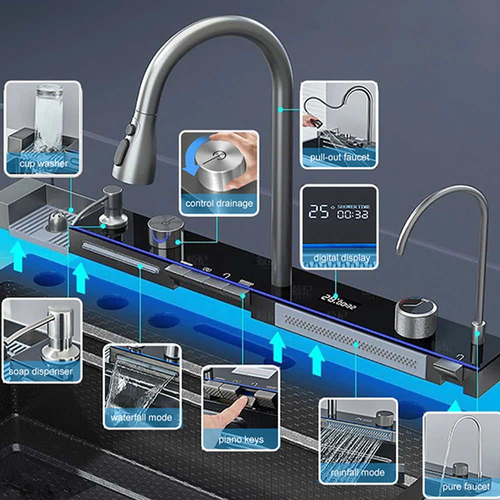 Multifunctional Kitchen Waterfall Sink With Digital Display 304 Stainless Steel