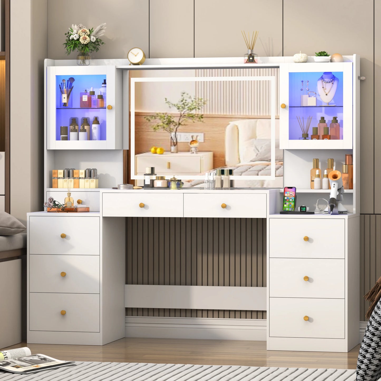 QiaoShiRen Vanity Desk With Mirror, Lights, And Charging Station
