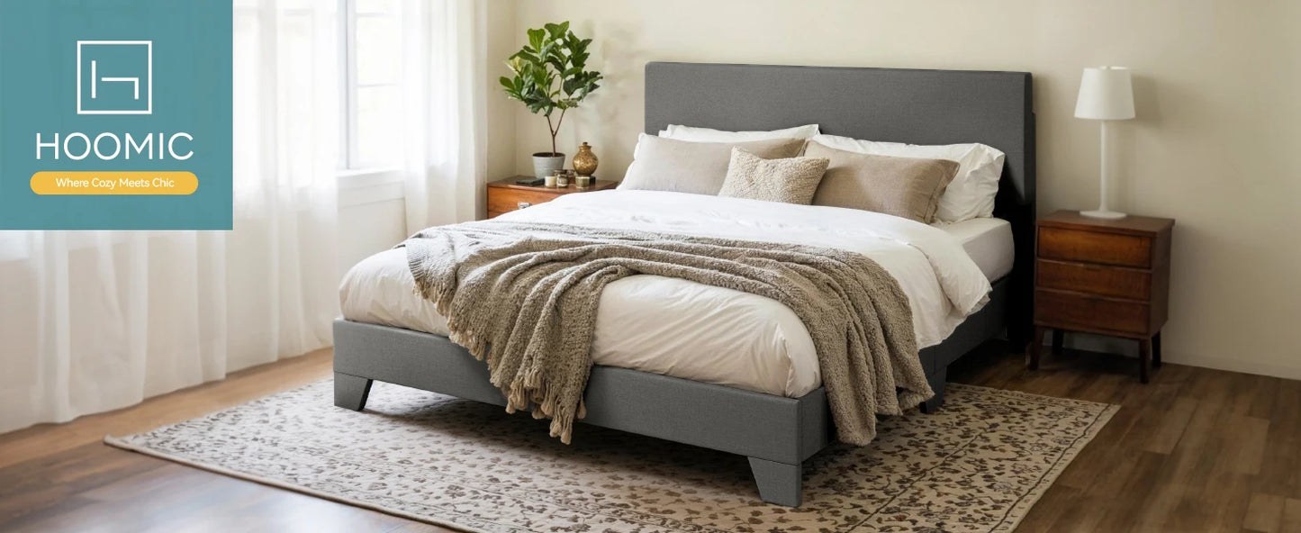 HOOMIC Upholstered Bed Frame With Adjustable Linen Headboard